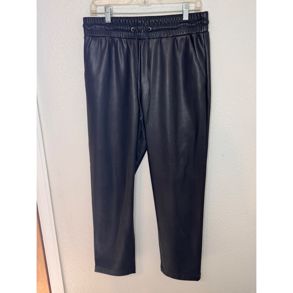 Loft Faux Leather Joggers Black Elastic Drawstring Waist Fleece Lined Size M